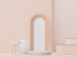 3d render of Abstract minimal  display podium for showing products, cosmetic presentation and mock up. Showcase scene with pastel earth tone background. Illuminated simple geometric shapes. photo