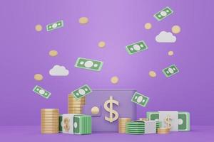 3d rendering Minimal stack bundle of money, cash and coins with financial saving concept. photo