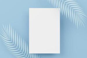 Vista superior de representación 3d del marco blanco en blanco para maquetas y productos de visualización con escena azul pastel blanco. concepto de idea creativa. foto