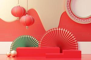 Representación 3d de la escena mínima del podio en blanco con el tema del año nuevo lunar chino. soporte de exhibición para maqueta de presentación de producto. textura tradicional china. foto
