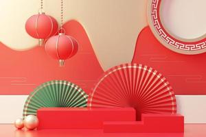 3d rendering of minimal scene of blank podium with Chinese lunar new year theme. Display stand for product presentation mock up. Chinese traditional texture. photo