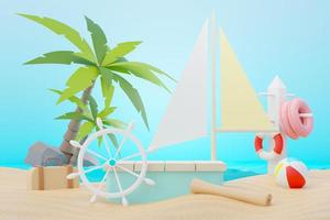 3d render soporte de podio de venta de verano para mostrar el producto. escena de vacaciones en la playa en verano para maquetas. foto
