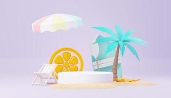 3d render soporte de podio de venta de verano para mostrar el producto. escena de vacaciones en la playa en verano para maquetas. foto