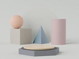 3d rendering of pastel minimal scene of white blank podium with earth tones theme. Muted saturated color. Simple geometric shapes design. photo