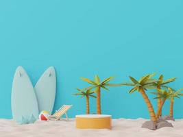 3d render of Abstract minimal  display podium for showing products or cosmetic presentation with summer beach scene. Summer time. photo