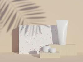 Presentación 3d de productos cosméticos para el cuidado de la piel en blanco o envases para maquetas. diseño de terrazo. jabón de belleza y concepto de spa. loción aceite humedad para la salud de la piel. diseño premium y de lujo para la marca. foto