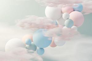 Render 3d de bola pastel, burbujas de jabón, manchas que flotan en el aire con nubes esponjosas y océano. tierra romántica de la escena de los sueños. cielo de ensueño abstracto natural. foto