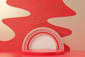 3d rendering of minimal scene of blank podium with Chinese lunar new year theme. Display stand for product presentation mock up. Chinese traditional texture. photo