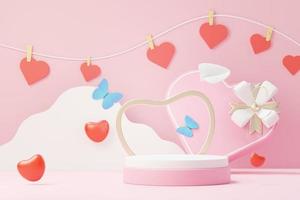 3d render minimal sweet scene with display podium for mock up and product brand presentation. Pink Pedestal stand for Valentine's Day's theme. Cute lovely heart background. Love day's design style. photo