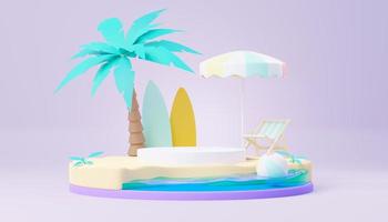 3d render soporte de podio de venta de verano para mostrar el producto. escena de vacaciones en la playa en verano para maquetas. foto