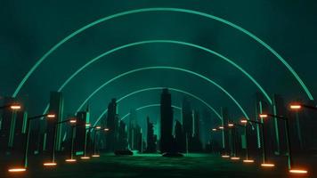 3d render of Cyber punk night city landscape concept. Light glowing on dark scene. Night life. Technology network for 5g. Beyond generation and futuristic of Sci-Fi Capital city and building scene. photo