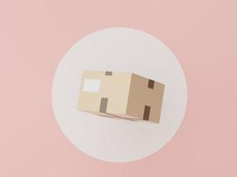 3d render of parcel cardboard on white circle for mock up and creative design. Shopping online concept. Online delivery concept with pastel background. Packaging for express transportation service. photo