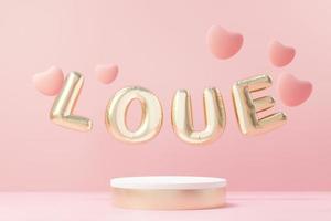 3d render minimal sweet scene with display podium for mock up and product brand presentation. Pink Pedestal stand for Valentine's Day's theme. Cute lovely heart background. Love day's design style. photo