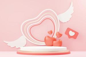 Representación 3D de escena dulce mínima con podio de visualización para maquetas y presentación de marca de producto. soporte de pedestal rosa para el tema del día de san valentín. lindo fondo de corazón encantador. estilo de diseño del día del amor. foto