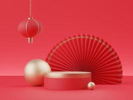 3d rendering of minimal scene of blank podium with Chinese lunar new year theme. Display stand for product presentation mock up. Chinese traditional texture. photo