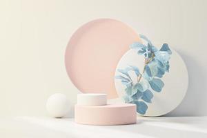 3d render of abstract pedestal podium display with Tropical leaves and Blue pastel plant scene. Product and promotion concept for advertising. Blue pastel natural background. photo