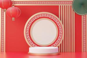 3d rendering of minimal scene of blank podium with Chinese lunar new year theme. Display stand for product presentation mock up. Chinese traditional texture. photo