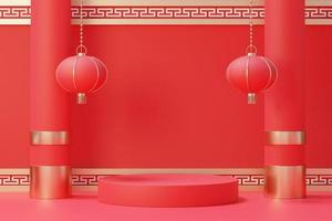 3d rendering of minimal scene of blank podium with Chinese lunar new year theme. Display stand for product presentation mock up. Chinese traditional texture. photo