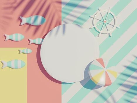 3d render top view of white blank cylinder frame for mock up and display products with shadows of palm leaves with summer background. photo