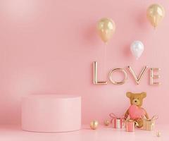 3d rendering of minimal scene of blank podium with Valentine's Day theme. Display stand for product presentation mock up. Cylinder stage in sweet lovely pink color with simple design. photo