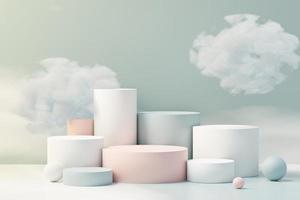 3d Beauty premium pedestal product display with Dreaming land and fluffy cloud. Minimal blue sky and clouds scene for present product promotion and beauty cosmetics. Romance land of Dreams concept. photo