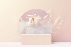 3d Beauty premium pedestal product display with Dreaming land and fluffy cloud. Minimal pastel sky and clouds scene for present product promotion and beauty cosmetics. Romance land of Dreams concept. photo