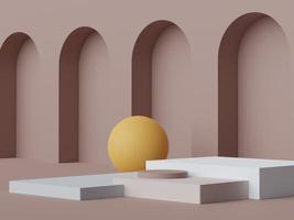 3d rendering of pastel minimal scene of white blank podium with earth tones theme. Muted saturated color. Simple geometric shapes design. photo