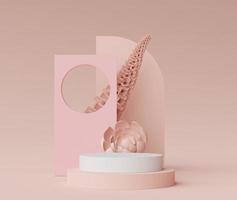 3d render of Abstract minimal  display podium for showing products, cosmetic presentation and mock up with Cactus trees. Showcase scene with pastel earth tone and tropical environment background. photo