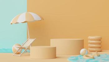 3d render of Abstract minimal  display podium for showing products or cosmetic presentation with summer beach scene. Summer time. photo