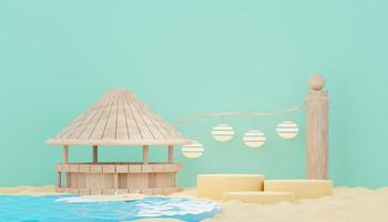 3d render minimal podium background for show and sales products. Hello Summer season scene design concept. Abstract Vacant pedestal for presentation and advertising. Beach Vacations in Summer. photo