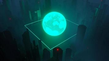 3d render of Cyber punk night city landscape concept. Light glowing on dark scene. Night life. Technology network for 5g. Beyond generation and futuristic of Sci-Fi Capital city and building scene. photo