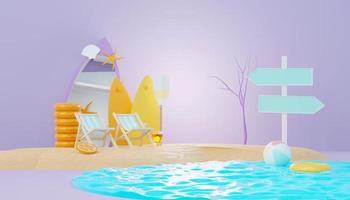 3d render Summer sale podium stand for showing product. Beach Vacations Scene in Summer for mock up. photo