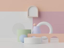 3d rendering of pastel minimal scene of white blank podium with earth tones theme. Muted saturated color. Simple geometric shapes design. photo