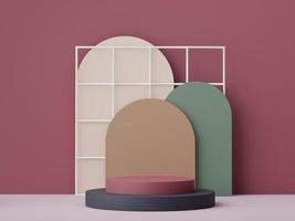 3d rendering of pastel minimal scene of white blank podium with earth tones theme. Muted saturated color. Simple geometric shapes design. photo