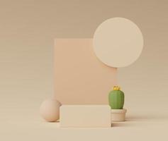 3d render of Abstract minimal  display podium for showing products, cosmetic presentation and mock up with Cactus trees. Showcase scene with pastel earth tone and tropical environment background. photo