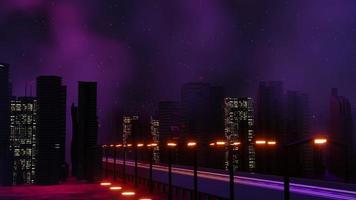 3d render of Cyber punk night city landscape concept. Light glowing on dark scene.  Night life. Technology network for 5g. Beyond generation and futuristic of Sci-Fi Capital city and building scene. photo