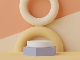 3d rendering of pastel minimal scene of white blank podium with earth tones theme. Muted saturated color. Simple geometric shapes design. photo