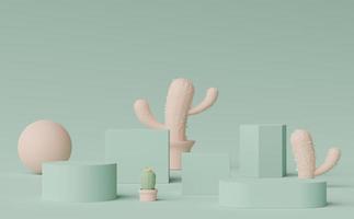 3d render of Abstract minimal  display podium for showing products, cosmetic presentation and mock up with Cactus trees. Showcase scene with pastel earth tone and tropical environment background. photo