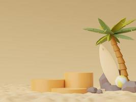 3d render of Abstract minimal  display podium for showing products or cosmetic presentation with summer beach scene. Summer time. photo