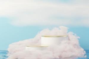 3d Beauty premium pedestal product display with Dreaming land and fluffy cloud. Minimal blue sky and clouds scene for present product promotion and beauty cosmetics. Romance land of Dreams concept. photo