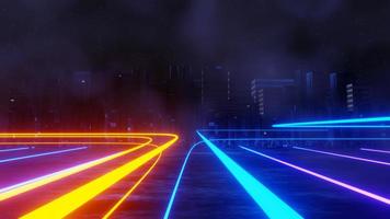 Representación 3D del concepto de paisaje de la ciudad de la noche cyber punk. luz que brilla intensamente en la escena oscura. la vida nocturna. red de tecnología para 5g. más allá de la generación y futurista de la ciudad capital de ciencia ficción y la escena de la construcción. foto