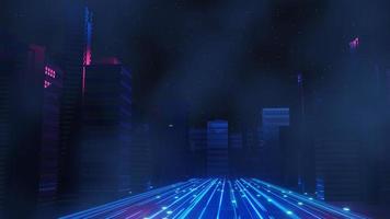 3d render of Cyber punk night city landscape concept. Light glowing on dark scene.  Night life. Technology network for 5g. Beyond generation and futuristic of Sci-Fi Capital city and building scene. photo