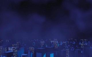 3d render of Cyber punk night city landscape concept. Light glowing on dark scene.  Night life. Technology network for 5g. Beyond generation and futuristic of Sci-Fi Capital city and building scene. photo