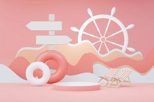 3d render Summer sale podium stand for showing product. Beach Vacations Scene in Summer for mock up. photo