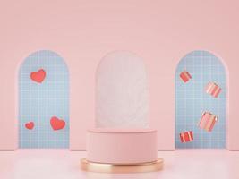 3d rendering of minimal scene of blank podium with Valentine's Day theme. Display stand for product presentation mock up. Cylinder stage in sweet lovely pink color with simple design. photo