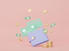 3d render Minimal wallet that around with floating gold coins . Money concepts financial planning. Online shopping. Wealth management franchises. photo