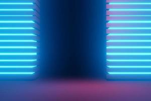 3d render of RGB neon light on darkness background. Abstract Laser lines show at night. Ultraviolet spectrum beam scene photo