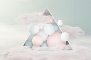 3d render of pastel ball, soaps bubbles, blobs that floating on the air with fluffy clouds and ocean. Romance land of dream scene. Natural abstract dreamy sky. photo