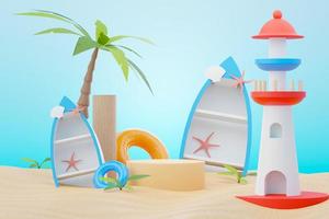 3d render Summer sale podium stand for showing product. Beach Vacations Scene in Summer for mock up. photo