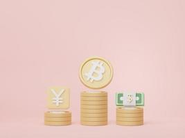 3d render of stack of bitcoins and gold in saving money for goal Concept. Minimal pastel scene. Growth financial model. Defi crypto concept. Investment management and financial innovations. photo